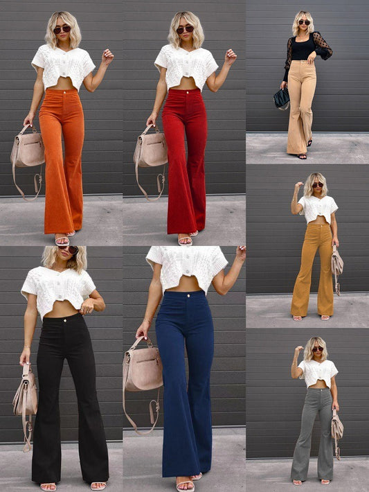 Autumn And Winter Women's Solid Color Mid Waist Slim Micro Flare Pants Corduroy Elastic Waist Casual Pants