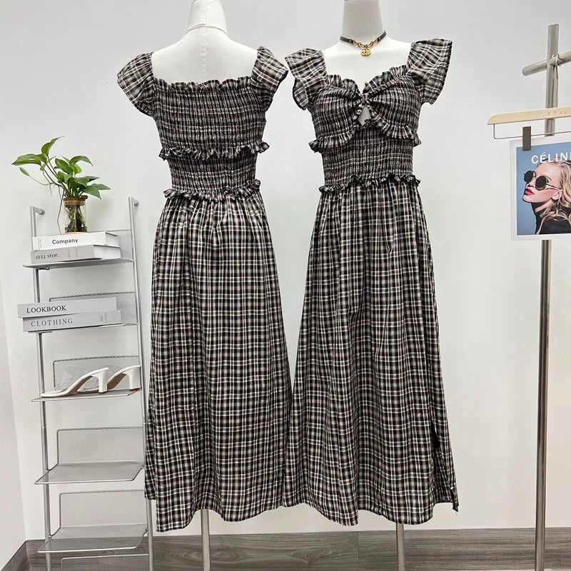 sweet ruffles summer sundress plaid print hollow out elasticity slim elegant backless sexy gothic women dresses clothes