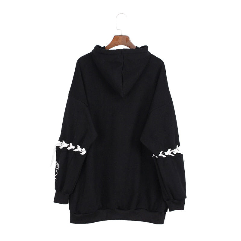 Harajuku Pentagram Print Lace Up Women Fleeces Hoodies Gothic Punk Oversize Velvet Hooded Sweatshirt Pullover Streetwear