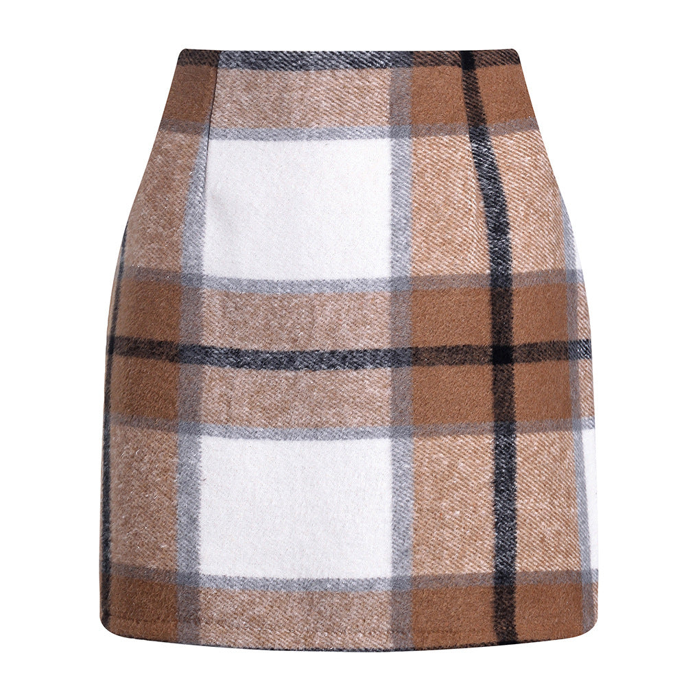 Women's high waisted plaid skirt tight pencil wool mini skirt