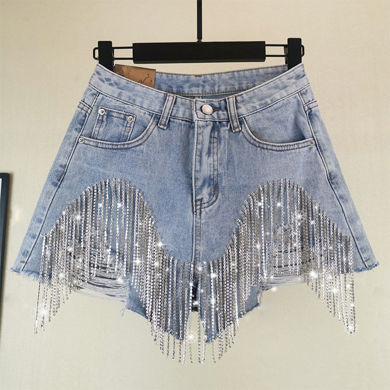 Tassel Chain Jeans Women's Summer New High Waist Slim Sexy Shorts Style Heavy Industry Beading Trend