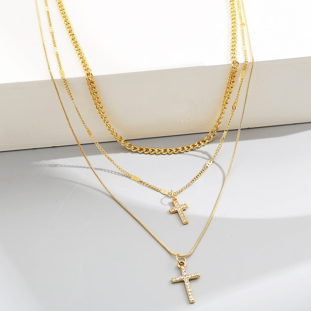 Full diamond cross pendant chain collarbone chain necklace with multiple layered layered necklace accessories