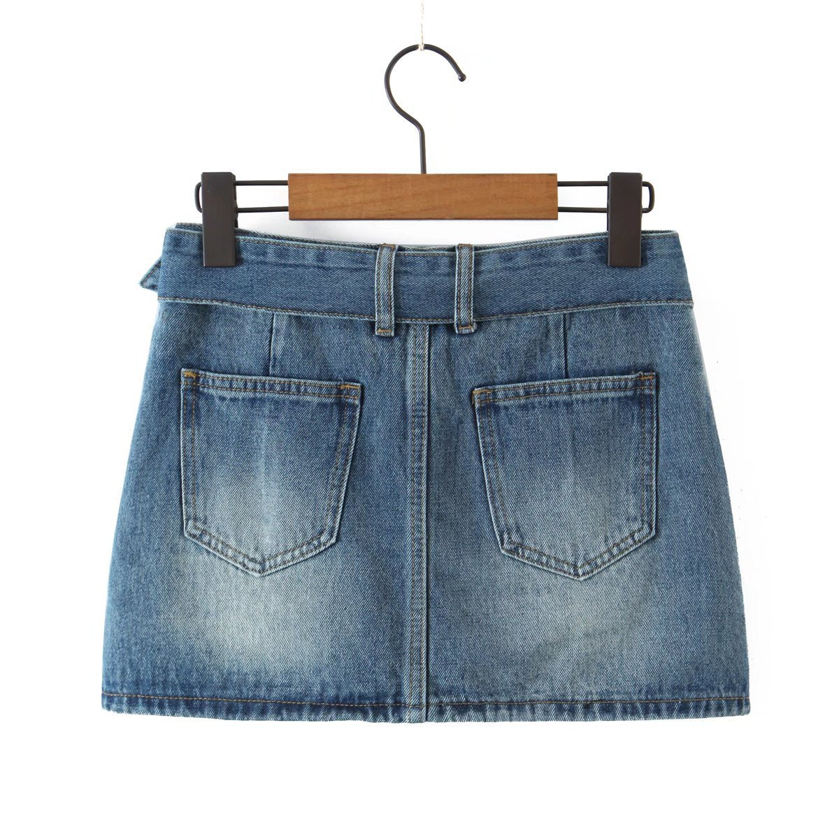 Summer New Fashion Retro Style Belt Old Washed Denim Skirt Women