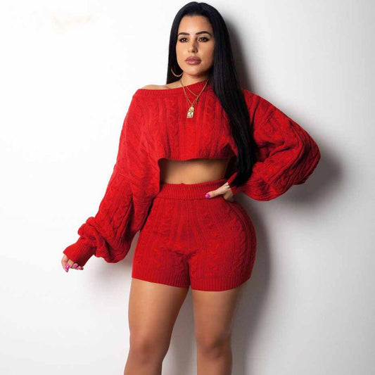 2 Two Piece Set Women Clothes Autumn Winter Outfits Long Sleeve Knit Sweater Tops+Bodycon Shorts Suit Sexy Matching Sets