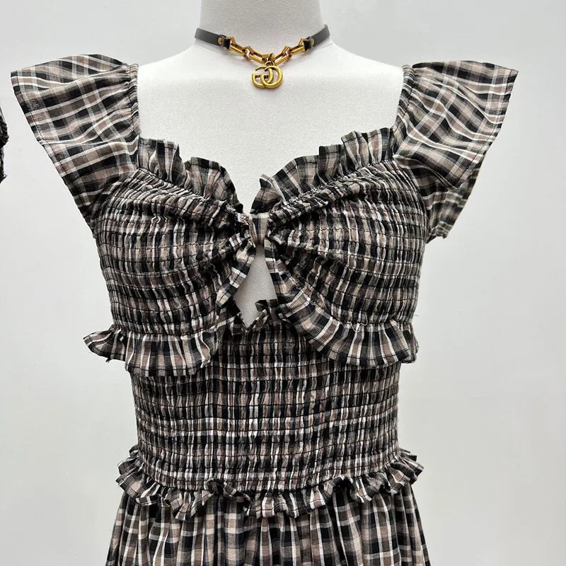 sweet ruffles summer sundress plaid print hollow out elasticity slim elegant backless sexy gothic women dresses clothes