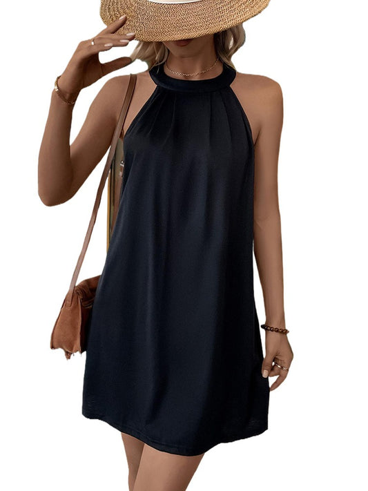 New European and American Summer Women's Casual Black Sleeveless Hanging Neck Dress