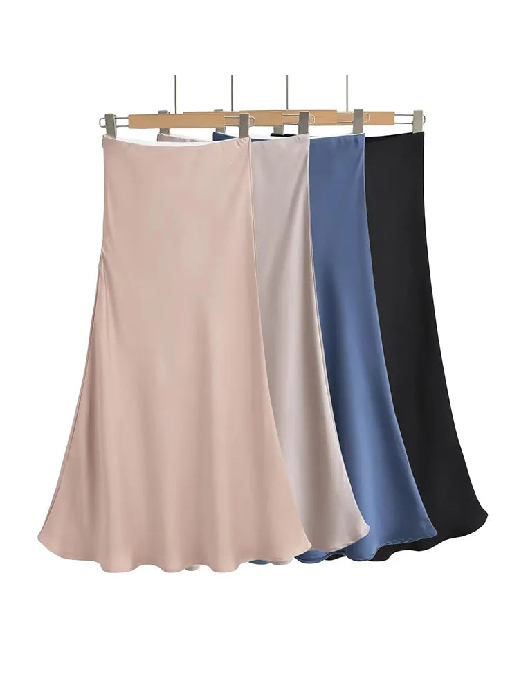 Women Elegant Satin Midi Skirts Slim Black Blue Skirt