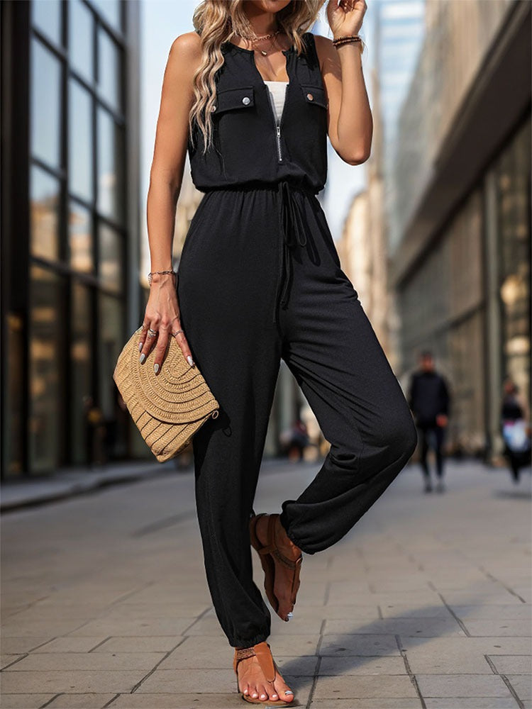 New European and American summer women's black sleeveless long cross-border jumpsuit