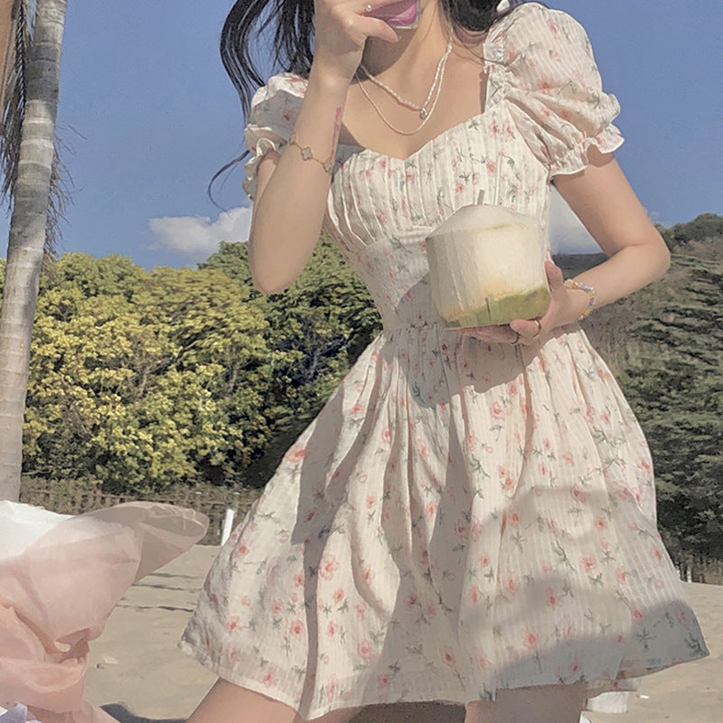 Seaside Girl Southern French Holiday Sweet Chiffon Dress Backless Lace-Up Skirt Floral Short Skirt