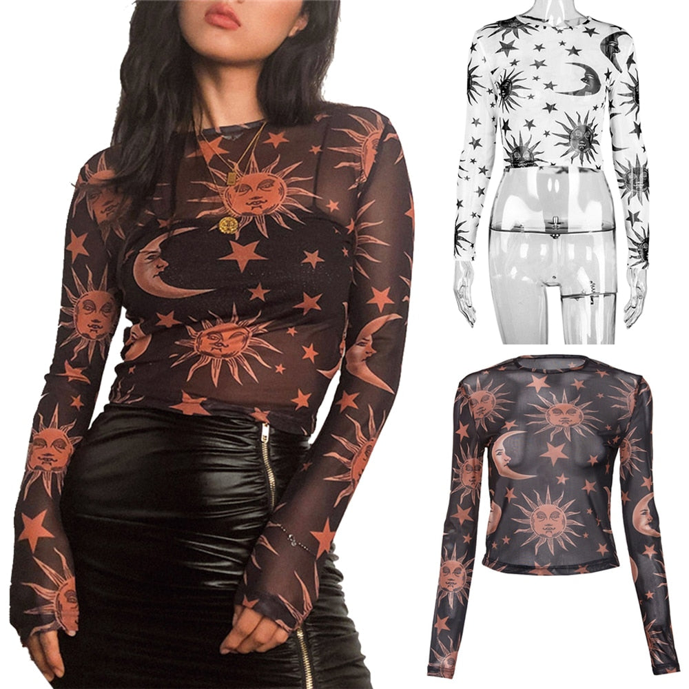 Sun Moon Printed Transparent Mesh T-Shirt Tops Women O-Neck Long Sleeve Slim Basic Tops Casual T shirts Party Club Top 19