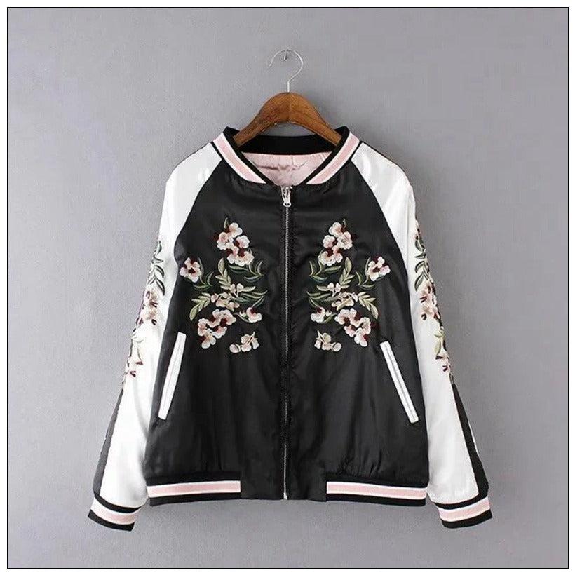 Spring and Autumn Women's Casual Double Wear Flower Embroidery Colored Stand up Neck Jackets Baseball Suit Jackets for Women