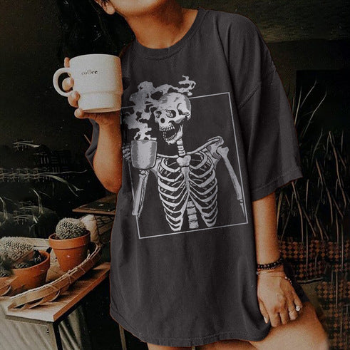 Large Size Clothes Drop Shoulder Short Sleeve Spot Skull Gradient Print T-Shirt Top