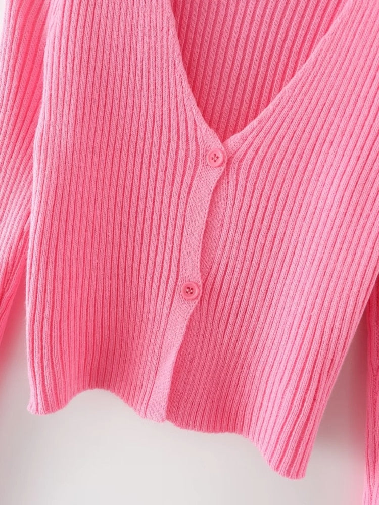 New Women's Pink Knitting V-Neck Long Sleeve Casual Slim Fit Short Sweater+Split Mini Skirt