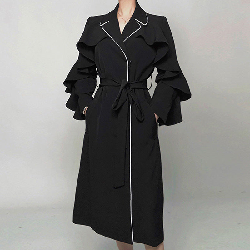 Woman Trench Coat Ruffles Flare Sleeve High Waist With Belt Elegant Super Long Outerwear Casual New Autumn Coat