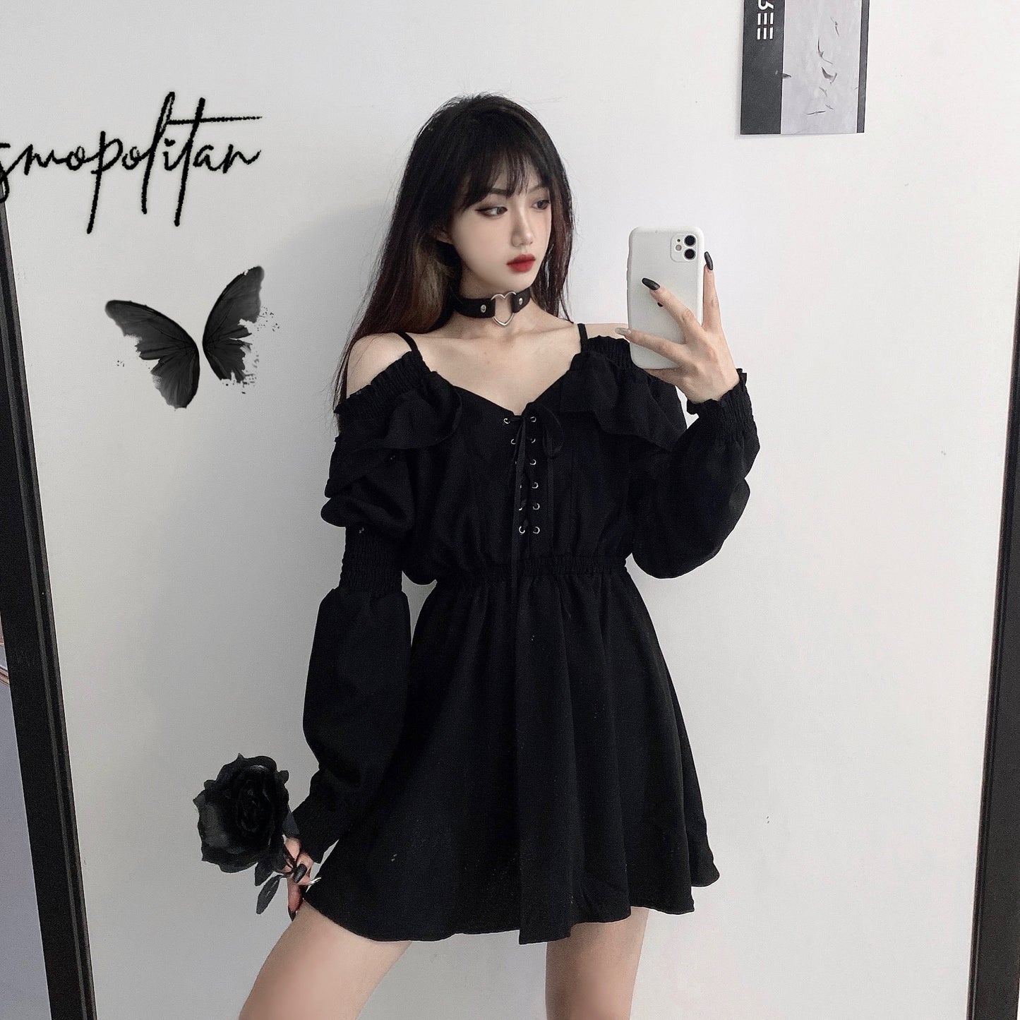 Lace-Up Dress Ins Dark Black Suspender Straps Off-Shoulder Waist Slim Hepburn Style Little Black Dress