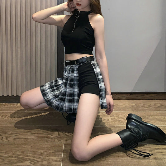 Summer Pleated Skirt Short Skirt Women's High Waist A-Line Slim Bag Hip All-Match Plaid Irregular Skirt Ins