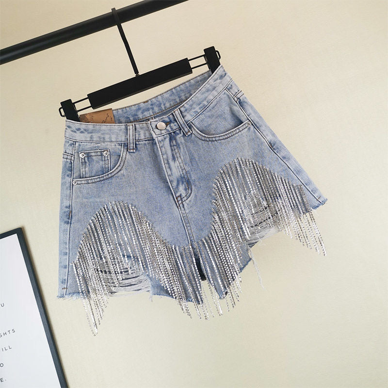 Tassel Chain Jeans Women's Summer New High Waist Slim Sexy Shorts Style Heavy Industry Beading Trend