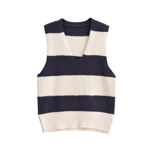 TRAF Striped Women Vest  Autumn Fashion Sleeveless Crop Tops Women knitted Vintage Top Streetwear Girl Casual Sweater Vests