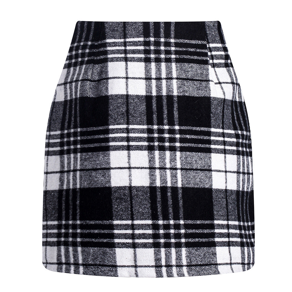 Women's high waisted plaid skirt tight pencil wool mini skirt