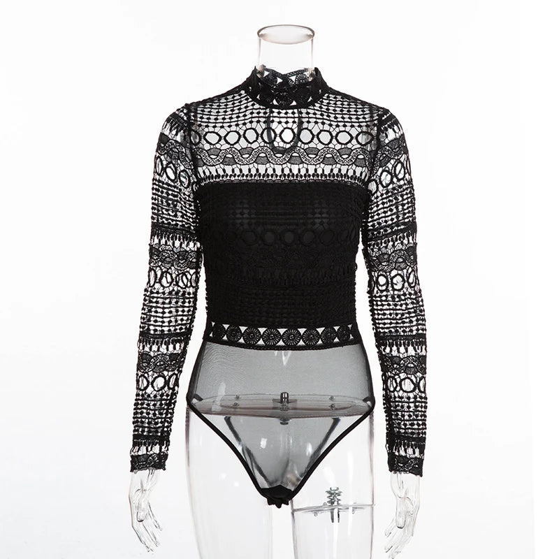 Sexy Black White Lace Mesh Crochet Bodysuit Womens Hollow Out Turtleneck Long Sleeve Body Combinaison Femme Tops