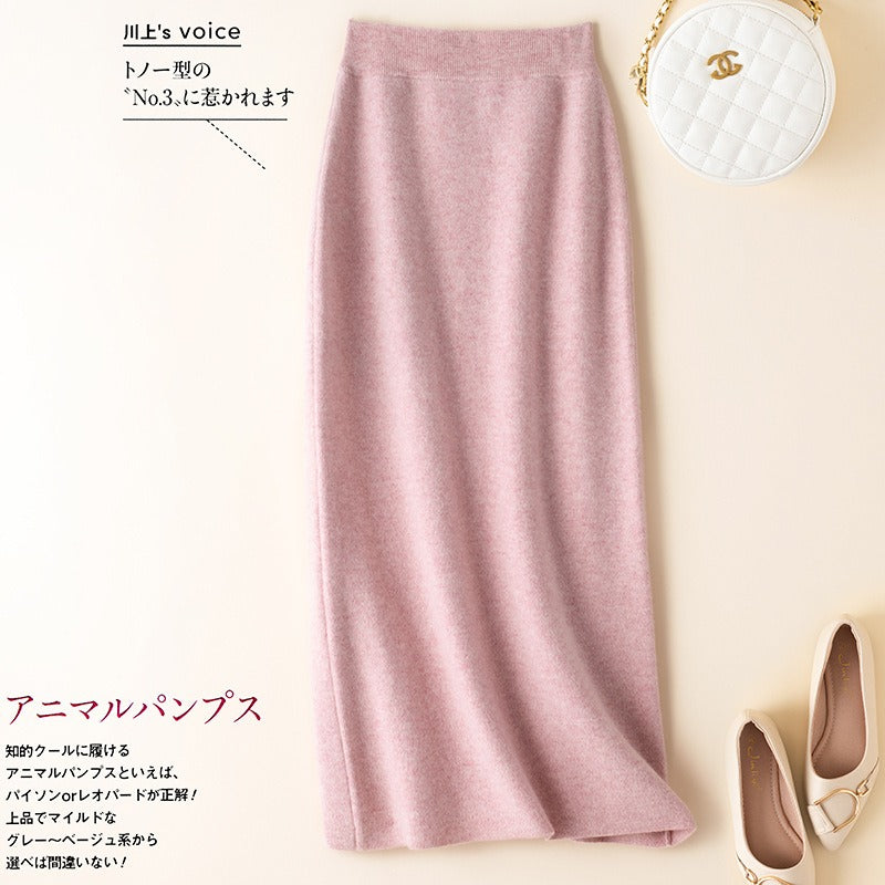 Knitted skirt for women with high waist and buttocks, pure wool knitted one-step skir cashmere mid length skirt