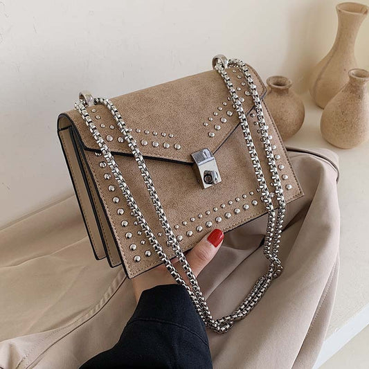 Scrub Leather Brand Designer Shoulder Simple Bags For Women Chain Rivet Luxury Crossbody Bag Female Fashion Small Handbags