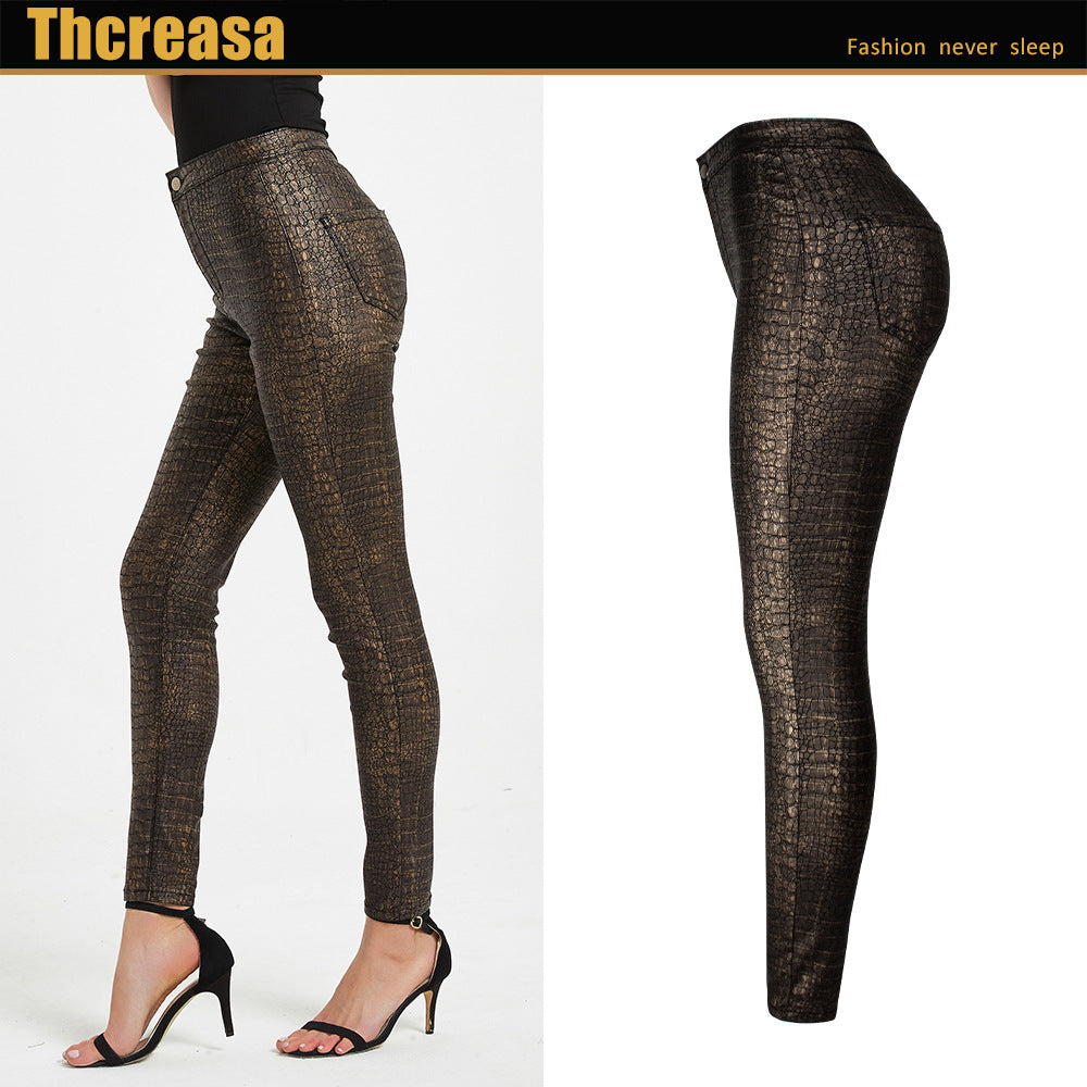 Fashion New Tight Pants High Waist PU Sexy Small Feet Crocodile Pattern Pants Women