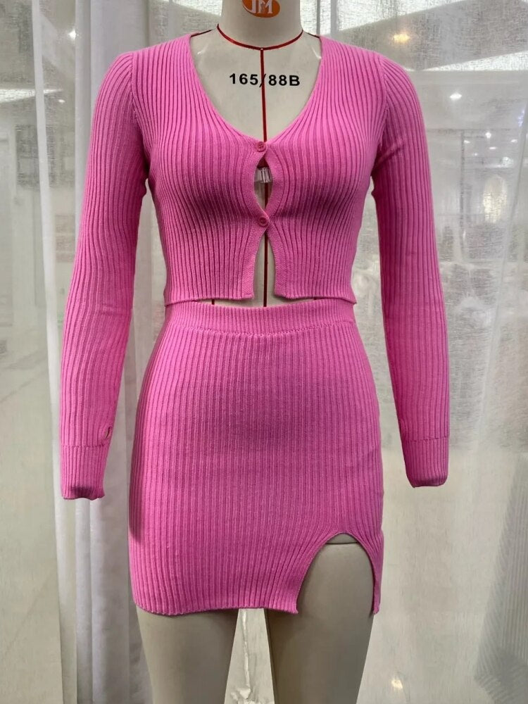 New Women's Pink Knitting V-Neck Long Sleeve Casual Slim Fit Short Sweater+Split Mini Skirt