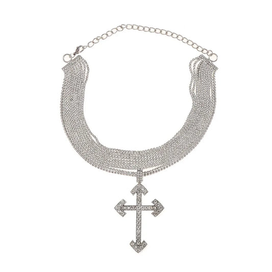 New Gothic Shiny Rhinestone Chain With Cross Pendant Choker Necklace For Women Jewelry Maxi Trendy Statement Necklace