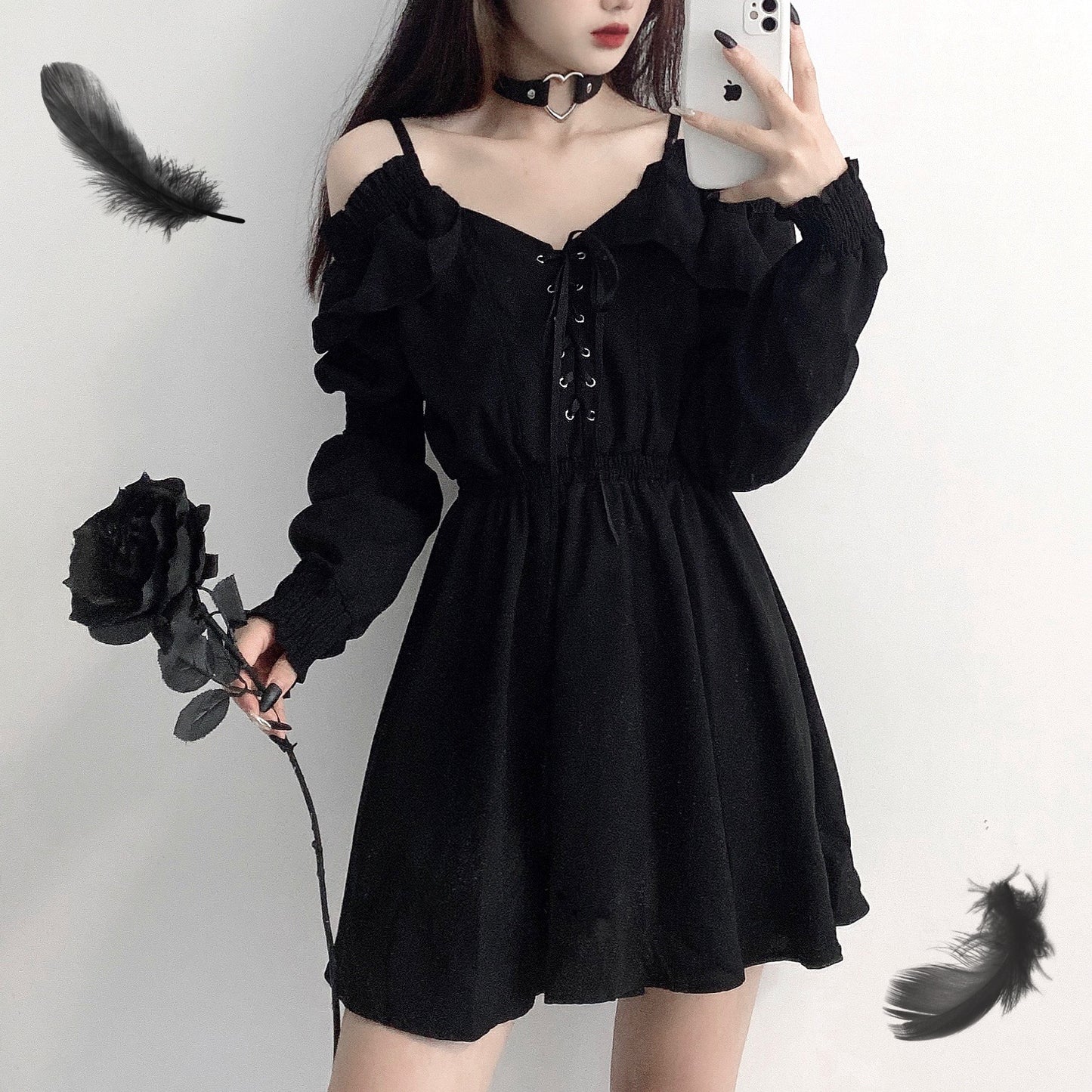 Lace-Up Dress Ins Dark Black Suspender Straps Off-Shoulder Waist Slim Hepburn Style Little Black Dress