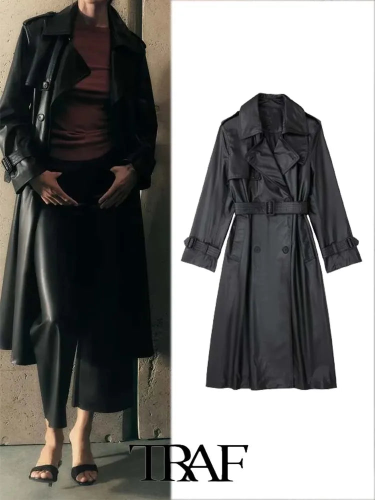 Autumn Winter Overcoat Women  Solid Color Belted Faux Leather Long Trench coat Female Outerwear