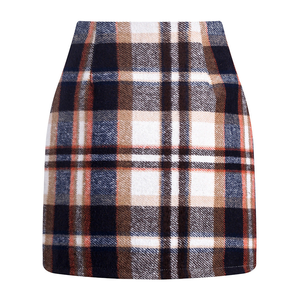 Women's high waisted plaid skirt tight pencil wool mini skirt