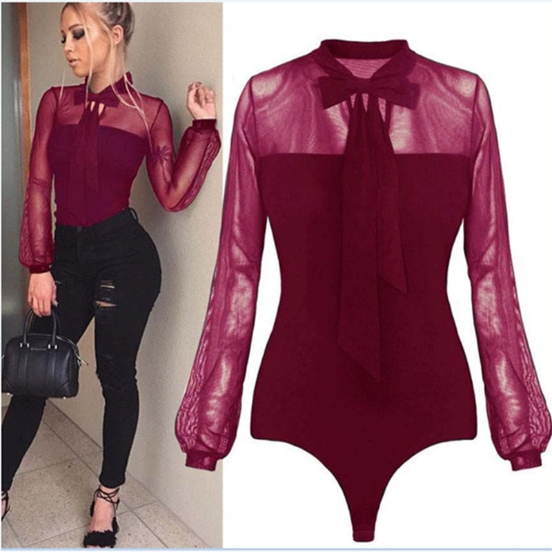 Summer Bodysuit Women Sexy Bow Black Mock Neck Patchwork Long Sleeve Bodysuit Transparent Tops