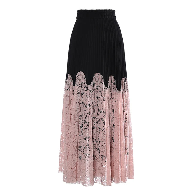 Lace Spliced Printing Pleated Skirts For Women High Waist Loose Causal Colorblock Skirt Female Fashion New Clothes