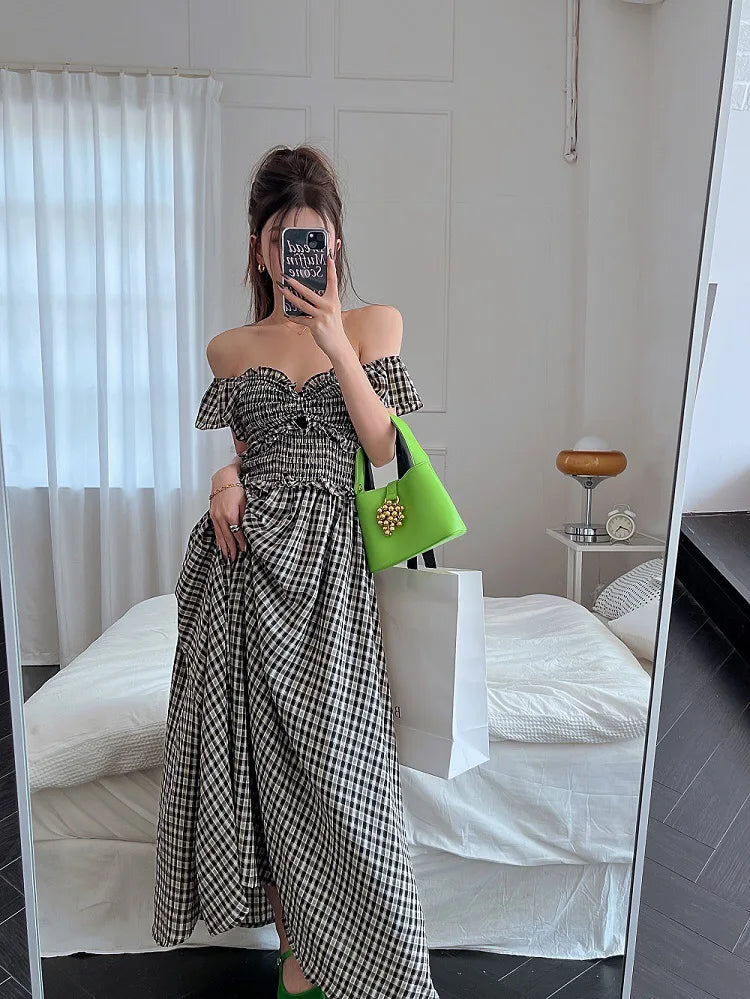 sweet ruffles summer sundress plaid print hollow out elasticity slim elegant backless sexy gothic women dresses clothes