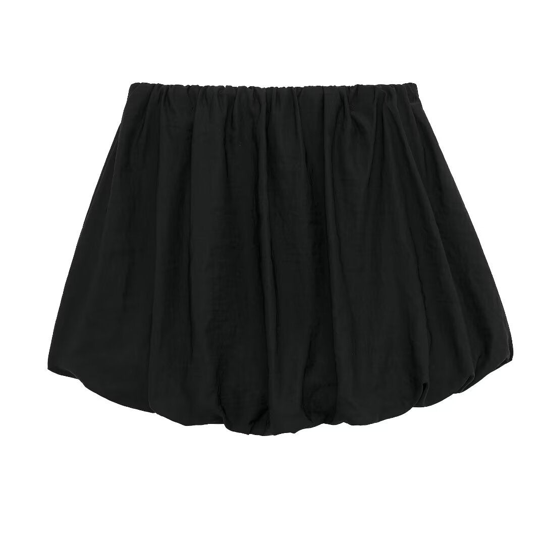 Women's Fashion Mini Lantern Skirts A-Line Version Solid Black Skirts Elastic Mid-Waist A-Line Skirt Casual Shorts