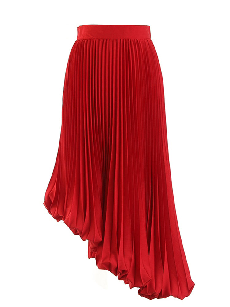 Red Ruched Skirt For Women High Waist A Line Irregular Hem Casual Designer Solid Midi Skirts Female Clothes Fashion