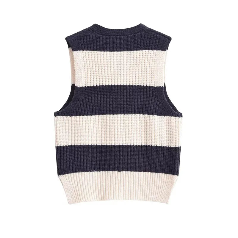 TRAF Striped Women Vest  Autumn Fashion Sleeveless Crop Tops Women knitted Vintage Top Streetwear Girl Casual Sweater Vests