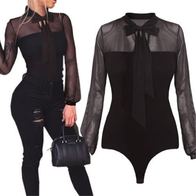 Summer Bodysuit Women Sexy Bow Black Mock Neck Patchwork Long Sleeve Bodysuit Transparent Tops