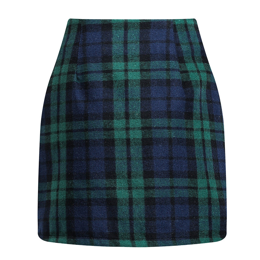 Women's high waisted plaid skirt tight pencil wool mini skirt