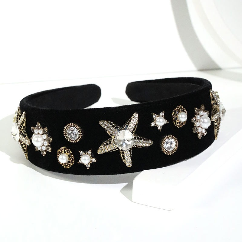 Fashionable velvet pearl black starfish hairband