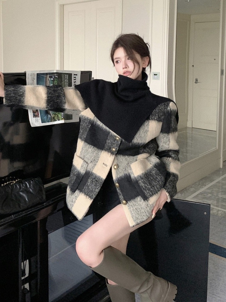 Plaid Spliced Design Woolen Coat For Women Long Sleeve V Neck Single Breasted Causal Loose Coats Female New Clothes