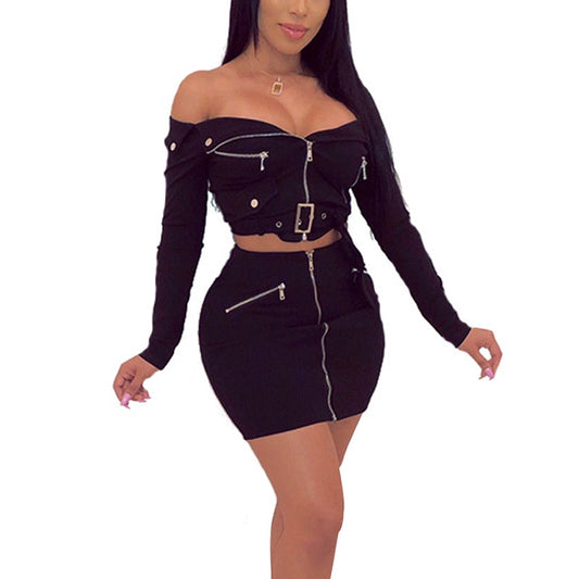 2 Piece Set Women Clothes Solid Off Shoulder Zipper Bodycon 2 Piece Set Women Long Sleeve Belt Top And Skirt Set