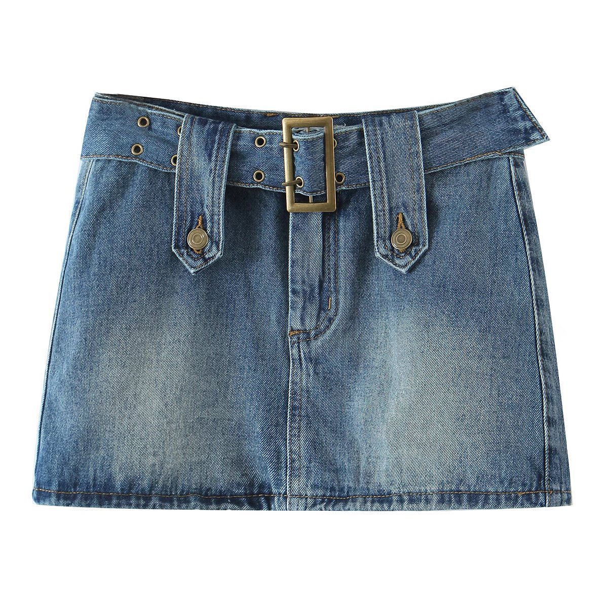 Summer New Fashion Retro Style Belt Old Washed Denim Skirt Women