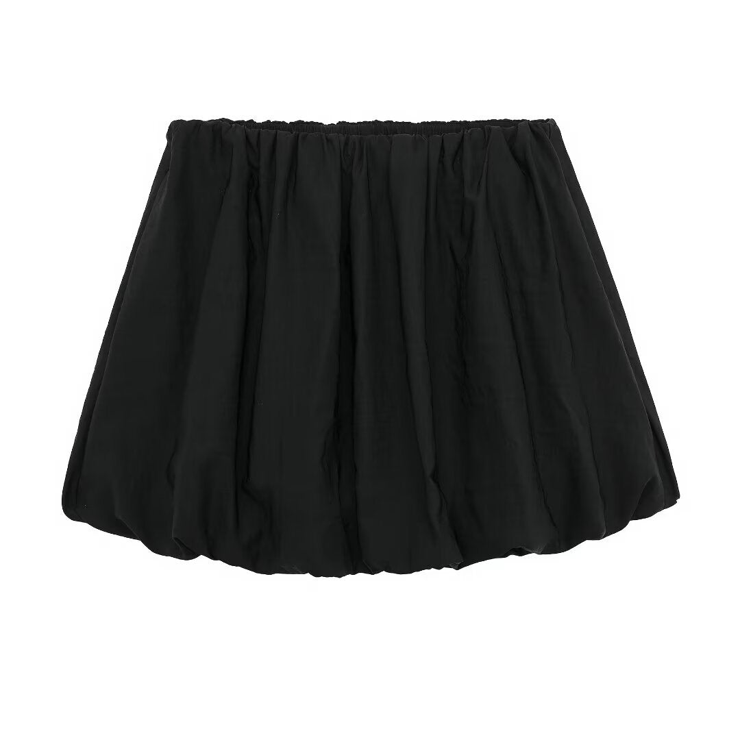 Women's Fashion Mini Lantern Skirts A-Line Version Solid Black Skirts Elastic Mid-Waist A-Line Skirt Casual Shorts