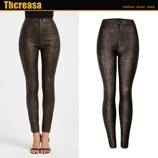 Fashion New Tight Pants High Waist PU Sexy Small Feet Crocodile Pattern Pants Women