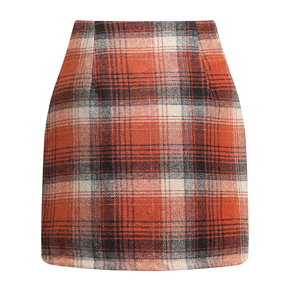 Women's high waisted plaid skirt tight pencil wool mini skirt