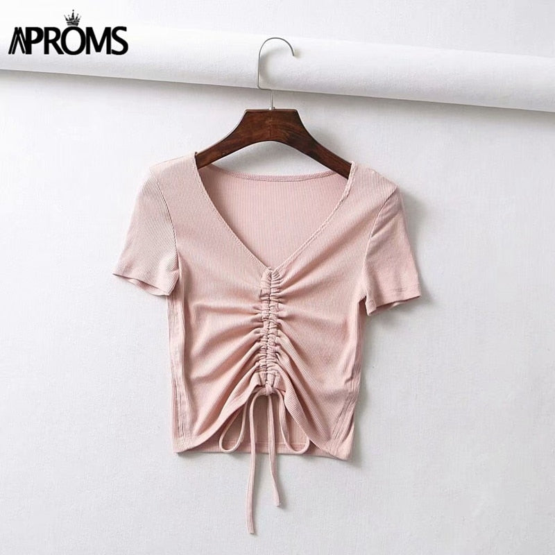 V Neck Cropped Tank Tops Women Drawstring Tie Up Front Camis Candy Colors Streetwear