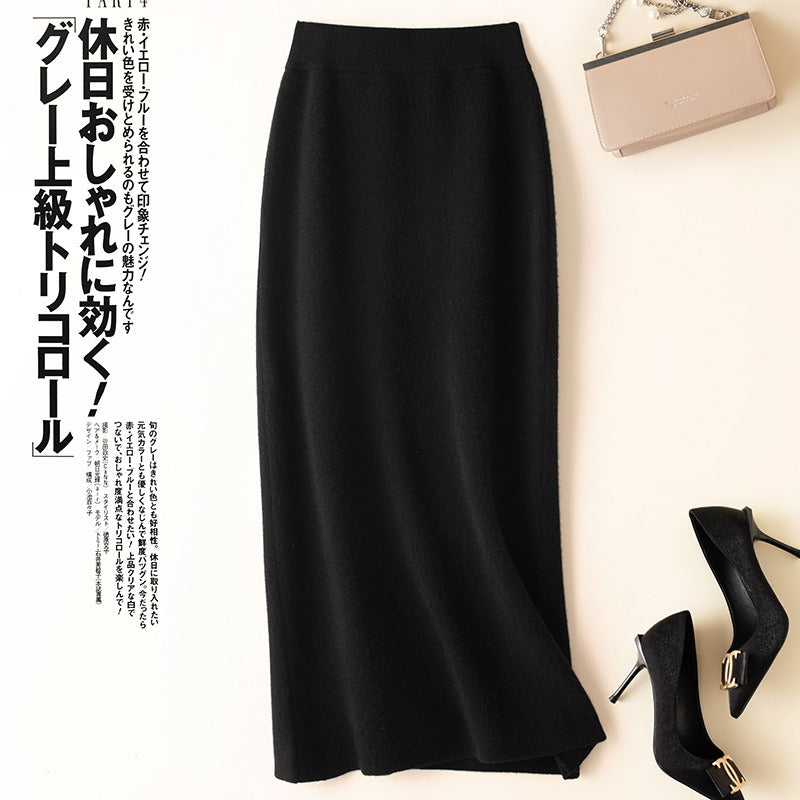 Knitted skirt for women with high waist and buttocks, pure wool knitted one-step skir cashmere mid length skirt