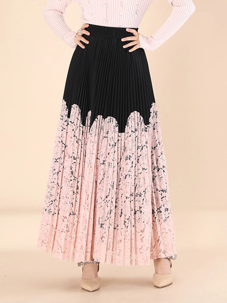 Lace Spliced Printing Pleated Skirts For Women High Waist Loose Causal Colorblock Skirt Female Fashion New Clothes